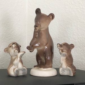 Porcelain Brown Mama Bear and Cubs Figurines (3)